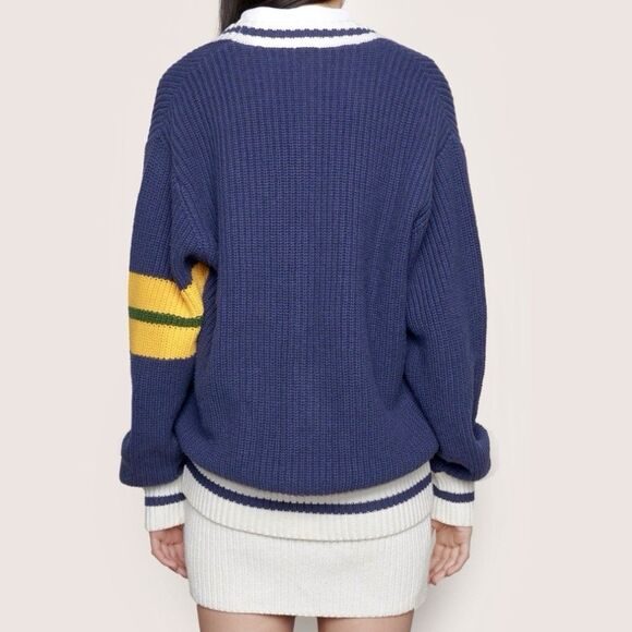 GUIZIO X CHAMPION Cardigan Sweater Women’s Medium Blue Varsity Academia Relaxed - Picture 3 of 13